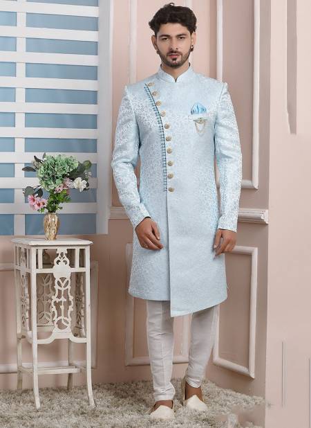 Sky Blue Colour Party Wear Mens Jaquard Silk Indo Western Collection 1678